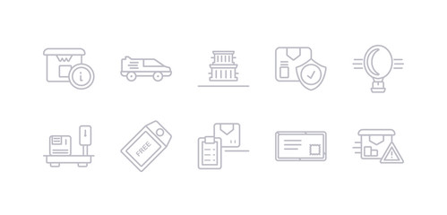 simple gray 10 vector icons set such as delivery warning, air mail, delivery list, delivery tag, weighing, hot air balloon, logistic protection. editable vector icon pack
