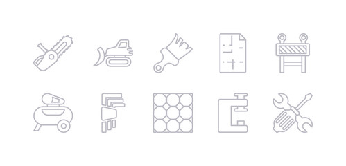 simple gray 10 vector icons set such as screwdrivers, vise, paver, hex key, air compressor, barrier, print. editable vector icon pack