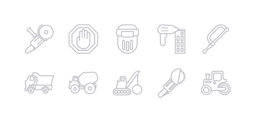simple gray 10 vector icons set such as steamroller, circular saw, demolition, concrete, tipper, hacksaw, nail gun. editable vector icon pack