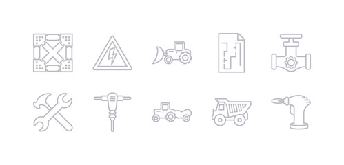 Naklejka premium simple gray 10 vector icons set such as blowtorch, dumper, scraper, jackhammer, spanner, gas pipe, construction plan. editable vector icon pack