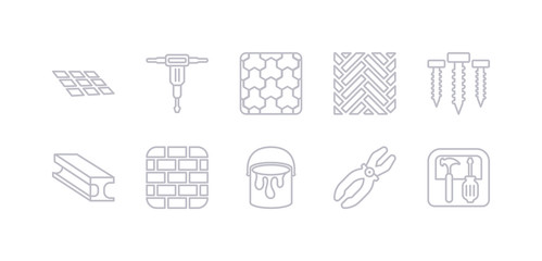 simple gray 10 vector icons set such as toolbox, plier, paint bucket, birck wall, beam, screws, parquet. editable vector icon pack