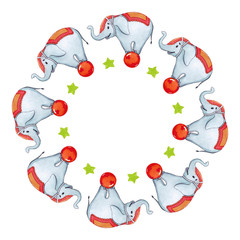 Watercolor round frame with circus elephant on the ball and stars.  Isolated on white background. Cute hand drawn illustration.s