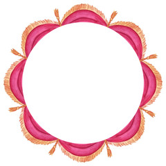 Watercolor round frame with red circus curtain. Isolated on white background. Hand drawn