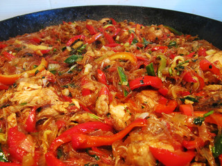  Fried fillet of chicken with paprika and sweet peppers.