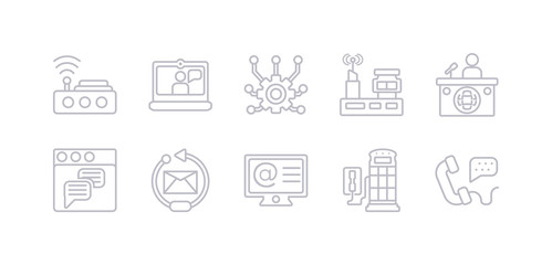 Fototapeta na wymiar simple gray 10 vector icons set such as call, phone booth, arroba, reply, text lines, news reporter, radio antenna. editable vector icon pack