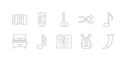 simple gray 10 vector icons set such as harp, heavy metal, horn, lyre, music player, musical note, piano. editable vector icon pack