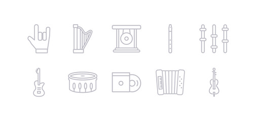 simple gray 10 vector icons set such as bongo, violoncello, accordion, cymbals, disc, drum, electric guitar. editable vector icon pack