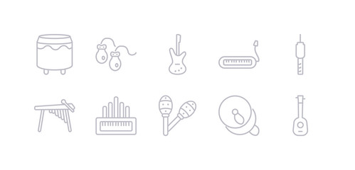 simple gray 10 vector icons set such as ukelele, cymbal, maraca, organ, marimba, jack connector, acoustic. editable vector icon pack