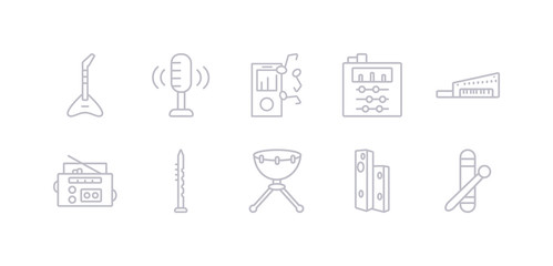 simple gray 10 vector icons set such as clave, diapason, kettledrum, oboe, radio cassette, keytar, sound mixer. editable vector icon pack