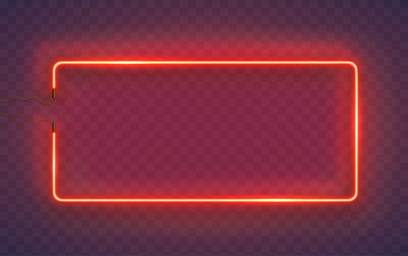 Neon rectangle lamp wall sign isolated on transparent background. Vector red power glowing bulb banner, light line border or frame for your design.