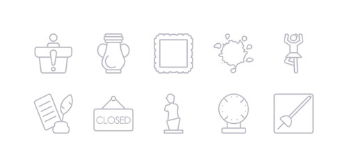 simple gray 10 vector icons set such as museum fencing, porcelain, venus de milo, closed, poetry, ballet, ink. editable vector icon pack