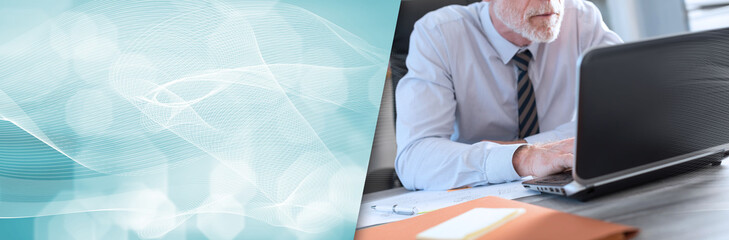 Mature businessman using a laptop. panoramic banner