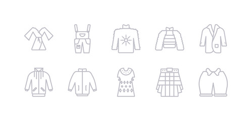 simple gray 10 vector icons set such as knickers, kilt, kaftan, windbreaker, jogging jacket, suit jacket, puffer jacket. editable vector icon pack
