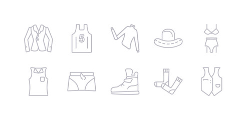 simple gray 10 vector icons set such as waistcoat, sock, sneaker, boxers, sleeveless shirt, lingerie, bowler hat. editable vector icon pack