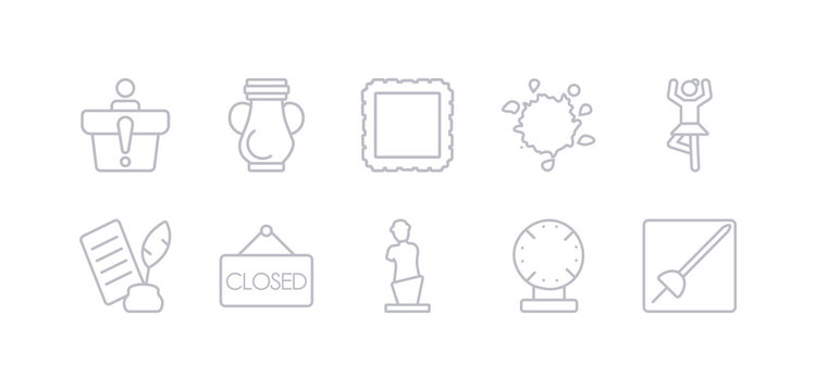 simple gray 10 vector icons set such as museum fencing, porcelain, venus de milo, closed, poetry, ballet, ink. editable vector icon pack