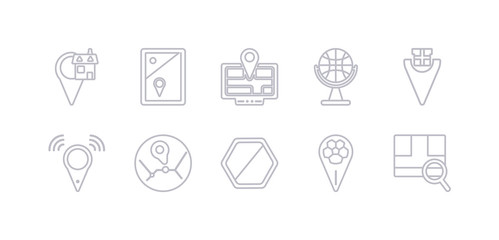 simple gray 10 vector icons set such as find location, find on map, football field pin, forbidden, geo cordinates, geolocalization, gift shop location. editable vector icon pack