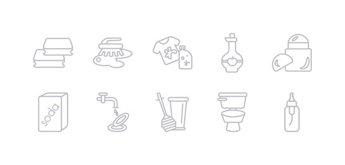 simple gray 10 vector icons set such as spray, toilet, toilet brush, washing dishes, baking soda, deodorizer, vinegar. editable vector icon pack