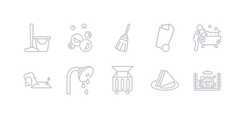 simple gray 10 vector icons set such as car wash, serviette, dumpster, shower head, carpet cleaning, bathtub cleaning, bin. editable vector icon pack