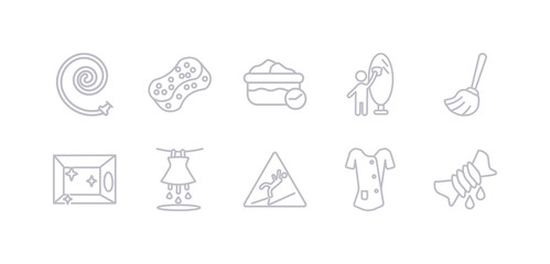 simple gray 10 vector icons set such as squeeze, cleaner uniform, slippery, soak, clean room, floor mop, glass cleaning. editable vector icon pack