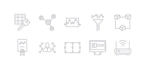 Fototapeta na wymiar simple gray 10 vector icons set such as modem, monitor security, network, network adminstrator, network certificate, cubes, funnel. editable vector icon pack