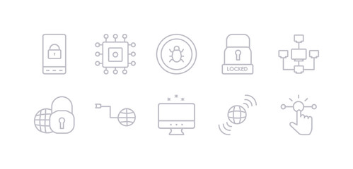 simple gray 10 vector icons set such as interactive, internet, internet attack, internet connection, security, local network, locked. editable vector icon pack