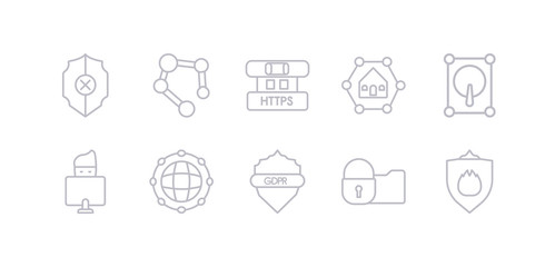 simple gray 10 vector icons set such as firewall, folder security, gdpr shield, global network, hacker, hard disc, home network. editable vector icon pack