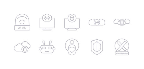 simple gray 10 vector icons set such as access denied, antivirus, authentication, bot, cloud, cloud server, cloud storage. editable vector icon pack