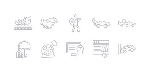 simple gray 10 vector icons set such as parking crash, payment protection, problem electric, puncture in a wheel, real estate insurance, rear end collision, repair. editable vector icon pack