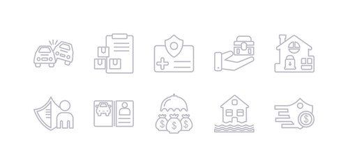 simple gray 10 vector icons set such as insurance of a shield with dollar, inundation, investment insurance, license, life insurance, locked padlock luggage editable vector icon pack