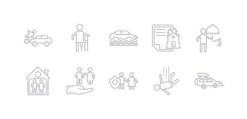 simple gray 10 vector icons set such as excessive weight for the vehicle, falling, familiar insurance, family care, family house, finances, fire insurance. editable vector icon pack