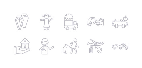 simple gray 10 vector icons set such as accident, air travel insurance, bite, broken arm, building insurance, burning car, car insurance. editable vector icon pack