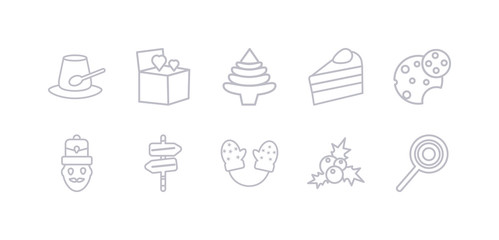 simple gray 10 vector icons set such as lollipop, mistletoe, mitten, north pole, nutcracker, oat cookie, piece of cake. editable vector icon pack