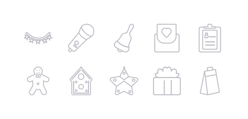 simple gray 10 vector icons set such as gift, gift box, gingerbread, gingerbread house, gingerbread man, guest list, invitation. editable vector icon pack