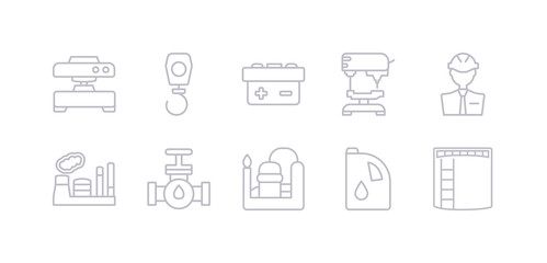 simple gray 10 vector icons set such as storage tank, oil, refinery, petrol pipe, industry, industrial engineer, industrial drill. editable vector icon pack