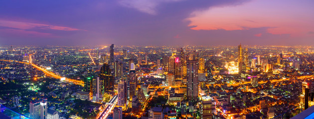 Panorama High view of Bangkok city in twilight time / Bangkok high view