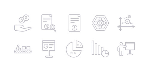 simple gray 10 vector icons set such as person explaining strategy, pie chart, polygonal chart, presentation, production, profit analysis, radar chart. editable vector icon pack