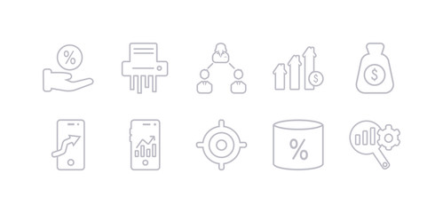 simple gray 10 vector icons set such as market research, merge charts, mission, mobile analytics, mobile stock data, money, mortgage statistics. editable vector icon pack