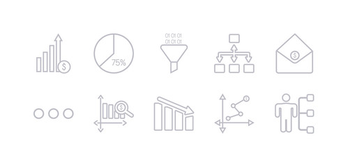simple gray 10 vector icons set such as department head, depleting chart, diagram, dollar analysis bars, dot, email analytics, flow chart. editable vector icon pack