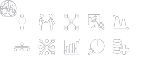 simple gray 10 vector icons set such as data, data analysis pie chart, data analytics, analytics circular, analytics flow, wave, database analysing. editable vector icon pack