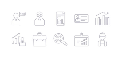 simple gray 10 vector icons set such as worker, bars graphic on screen, binary data search, briefcase, business, business analytics graphics, business card. editable vector icon pack