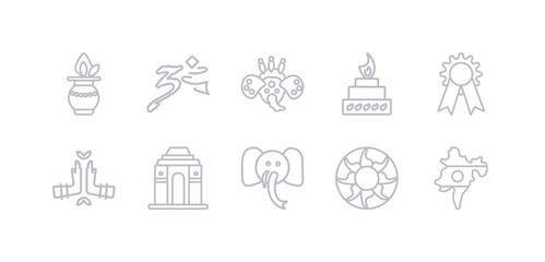 simple gray 10 vector icons set such as india, rangoli, indian elephant, gate of india, namaste, india badge, yagna. editable vector icon pack
