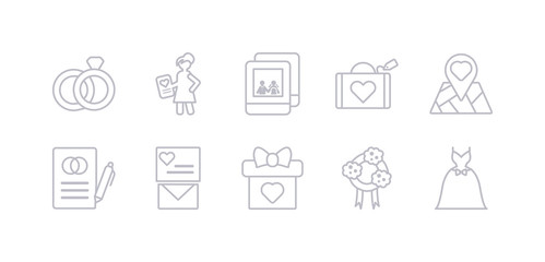 simple gray 10 vector icons set such as wedding dress, wedding flowers, wedding gift, invitation, letter, location, luggage. editable vector icon pack