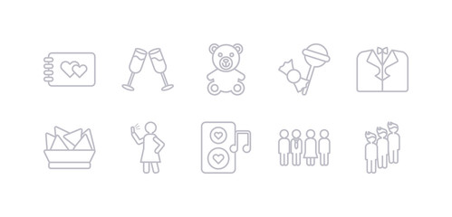 simple gray 10 vector icons set such as queue, relationship, romantic music, selfie, snack, suit, sweet. editable vector icon pack