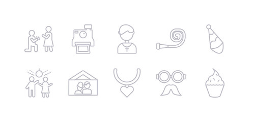 simple gray 10 vector icons set such as muffin, mustache, necklace, newlyweds, party, party hat, party horn. editable vector icon pack