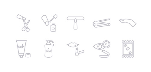 simple gray 10 vector icons set such as lens, lip balm, liquid soap, moisturizer, nail, nail clippers, nail file. editable vector icon pack