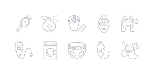 simple gray 10 vector icons set such as depilator, diaper, dryer, electric razor, face cleanser, face mask, foam. editable vector icon pack