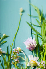 herbal flowers on blue wooden table background