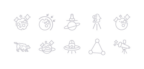 simple gray 10 vector icons set such as telescope, triangulam australe, ufo, uranus, ursa major, venus, aerolite. editable vector icon pack
