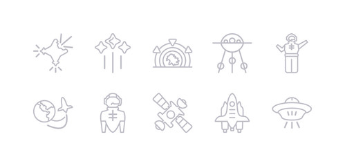 Fototapeta na wymiar simple gray 10 vector icons set such as space ship, space shuttle, space station, suit, travel, spaceman, sputnik. editable vector icon pack
