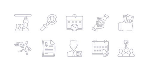 simple gray 10 vector icons set such as recruitment, reminder, remove user, resume, rush, salary, save time. editable vector icon pack